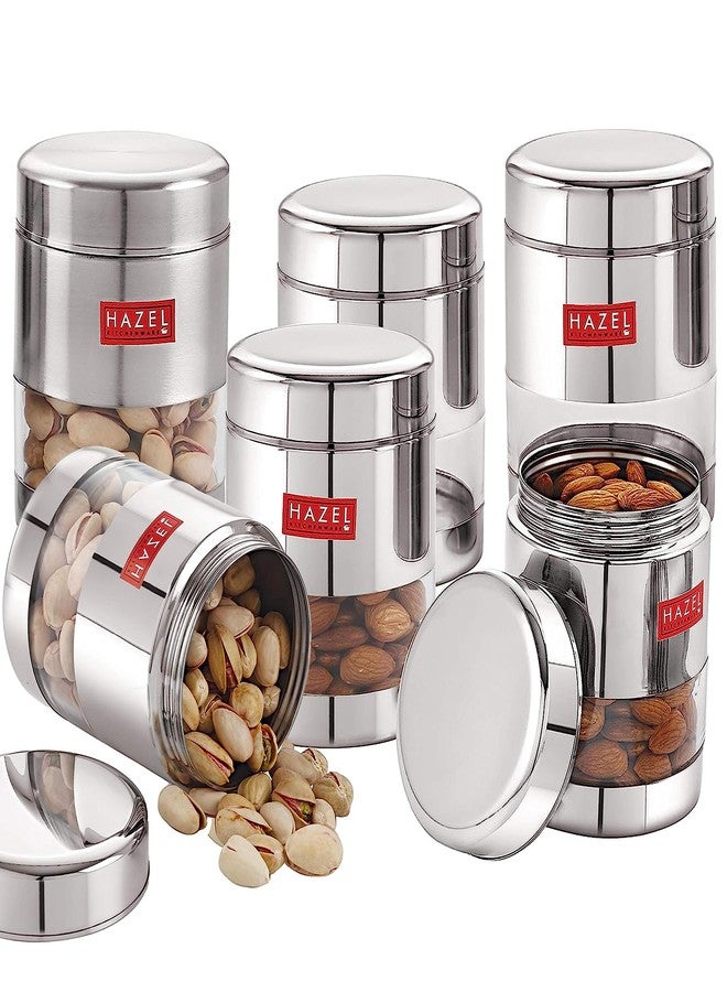 HAZEL Stainless Steel Masala Container | 400 ml Capacity Transparent Masala Boxes for Kitchen | See Through Air Tight Container with Silver Color Box with Glossy Finish, Set of 6 - Image 1